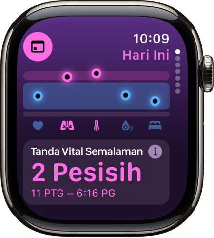 Skrin app Tanda Vital menunjukkan metrik kesihatan semalaman.