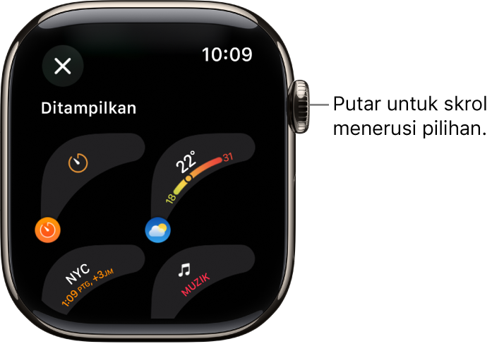 Skrin penyesuaian untuk muka jam menunjukkan komplikasi yang ditampilkan. Putar Digital Crown untuk melayari komplikasi.