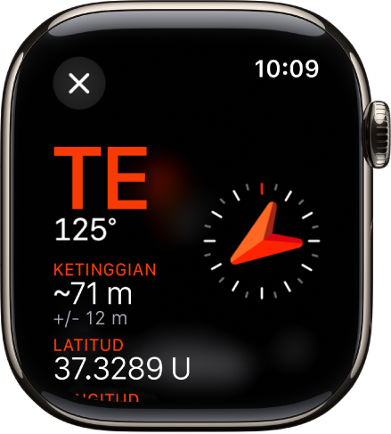 App Kompas menunjukkan skrin Info. Bearing kelihatan di bahagian kiri tengah dengan bearing kompas (barat laut) dan darjah (332 darjah). Ketinggian dan kecondongan semasa ditunjukkan di bawah. Penunjuk kompas berada di bahagian kanan. Butang tutup berada di bahagian kiri atas.