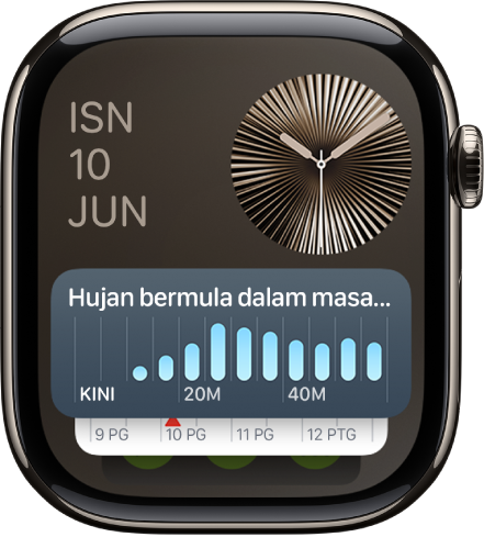 Tindanan Pintar pada Apple Watch menunjukkan widget Pemasa di depan dan dua widget di belakangnya.