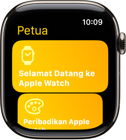 App Petua menunjukkan koleksi Petua seperti Selamat Datang ke Apple Watch.