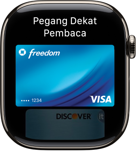 Skrin menunjukkan kad kredit dalam Apple Pay bersedia untuk ditunjukkan ke pembaca tanpa sentuhan.