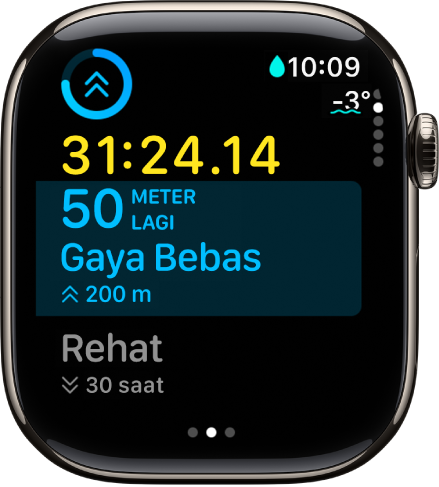 Latihan renang kolam sedang berlangsung menunjukkan masa berlalu latihan, jarak dalam selang masa dan selang masa seterusnya.