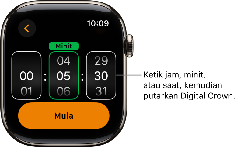 Seting untuk mencipta pemasa tersuai, dengan jam di sebelah kiri, minit di tengah dan saat di sebelah kanan. Butang Mula di bawah.