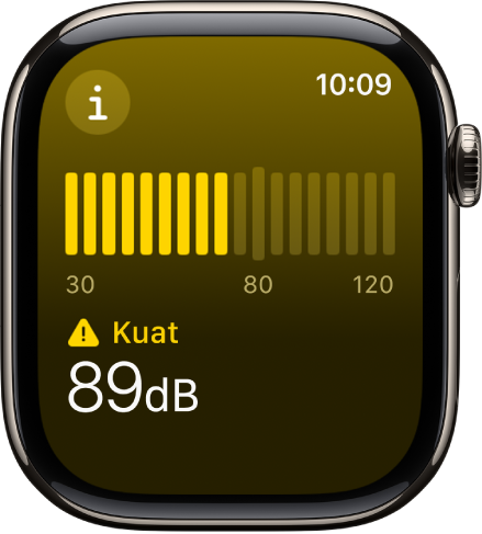 App Bunyi menunjukkan meter bunyi dan paras bunyi 89 desibel dengan perkataan “Kuat” di atas.