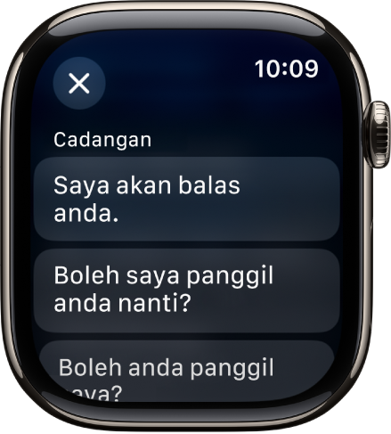 App Mail menunjukkan tiga balasan pintar.