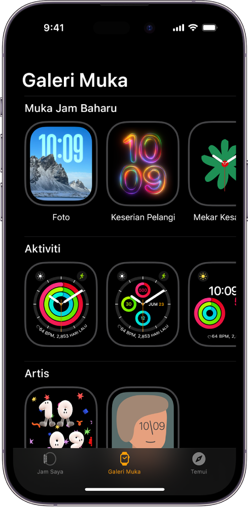 App Apple Watch membuka Galeri Muka. Baris teratas menunjukkan muka baharu, baris seterusnya menunjukkan muka yang dihimpunkan mengikut jenis—contohnya, Aktiviti dan Artis. Anda boleh skrol untuk melihat lebih banyak muka dihimpunkan mengikut jenis.