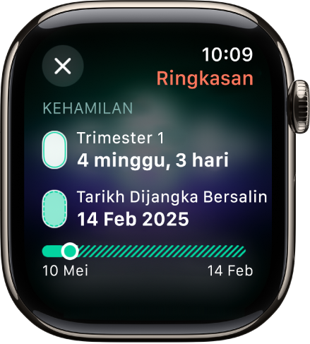 Skrin dalam app Penjejakan Kitaran menunjukkan ringkasan kehamilan dengan umur gestasi dan tarikh jangka di bahagian tengah skrin.