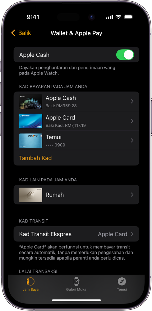 Skrin iPhone menunjukkan seting Wallet & Apple Pay dalam app Apple Watch.