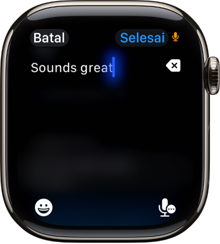 Skrin medan teks menunjukkan mesej yang dicipta dengan perencanaan. Butang Emoji dan Perencanaan berada di bahagian bawah skrin.