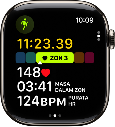 Latihan berlari yang sedang berjalan menunjukkan masa berlalu latihan, zon yang anda sedang berada, kadar jantung, masa dalam zon dan purata kadar jantung.