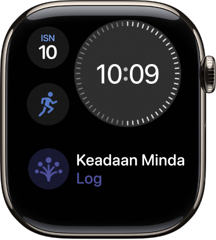 Muka jam Modular Padat menunjukkan jam digital berhampiran bahagian kanan atas, hari dan tarikh di bahagian kiri atas, serta dua komplikasi: Latihan di bahagian kiri tengah dan Keadaan Minda di bahagian bawah.