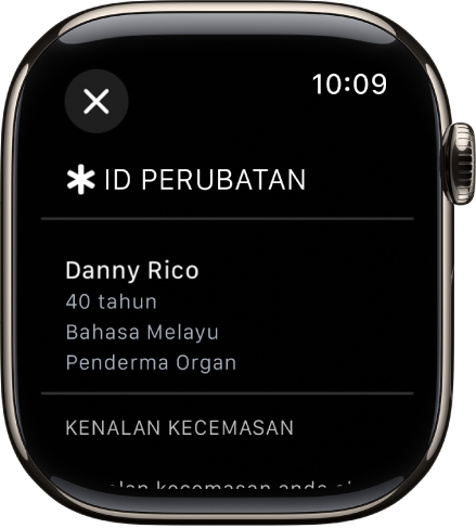 Skrin ID Perubatan pada Apple Watch menunjukkan nama, umur, bahasa, status derma organ dan kenalan kecemasan orang.