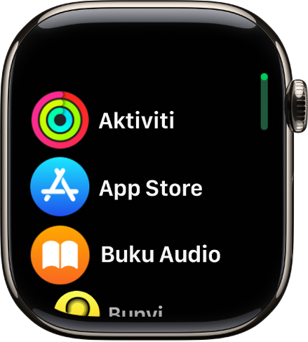 Skrin Utama dalam paparan senarai, dengan app dalam tertib mengikut abjad.
