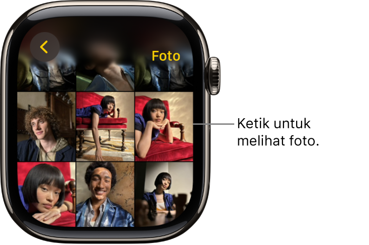 Skrin utama app Foto pada Apple Watch, dengan beberapa foto dipaparkan dalam grid.