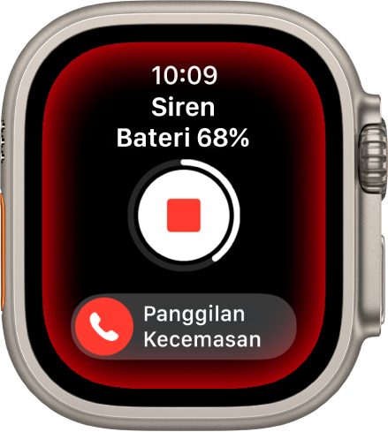 Siren mengira detik. Berdekatan bahagian atas ialah cas bateri, di bahagian tengah ialah butang Main dan di bahagian bawah ialah gelangsar Panggilan Kecemasan.