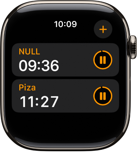 Dua pemasa dalam app Pemasa. Setiap pemasa menunjukkan baki masa di bawah nama pemasa dan butang jeda di sebelah kanan. Butang Tambah berada di bahagian kanan atas.