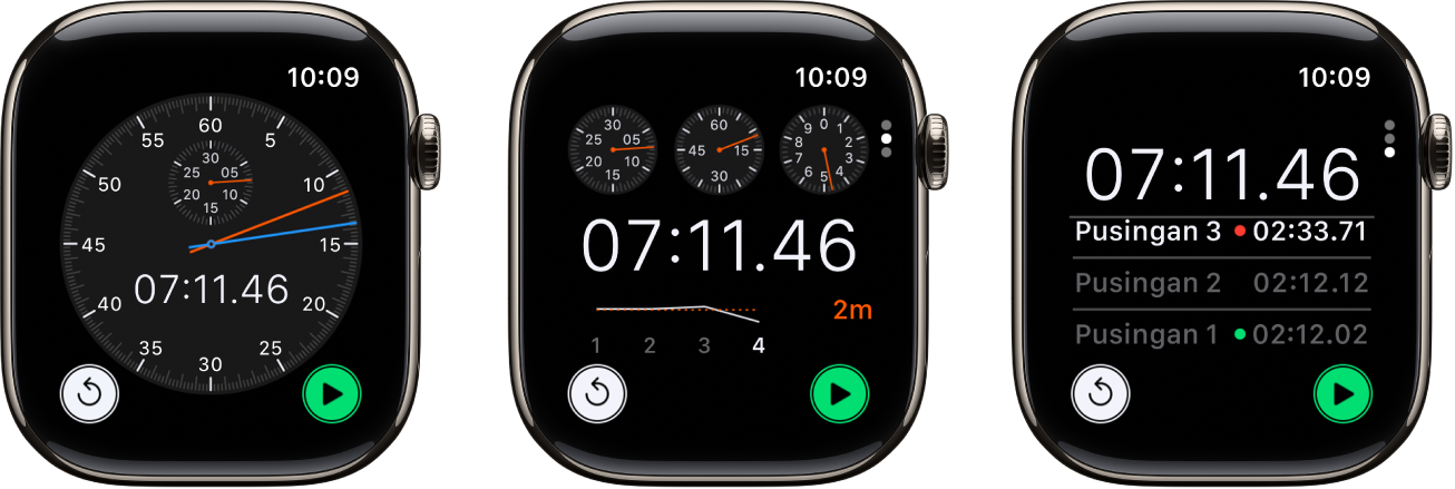 Tiga jenis jam randik dalam app Jam Randik: Jam randik analog, jam randik hibrid yang menunjukkan masa dalam bentuk analog dan digital, serta jam randik digital dengan pengira pusingan. Setiap jam mempunyai butang mula dan reset.