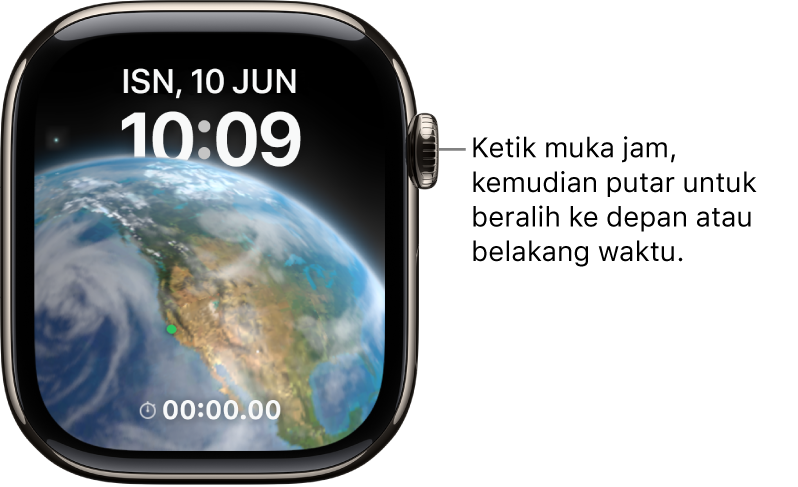 Muka jam Astronomi yang memaparkan hari, tarikh dan waktu semasa. Komplikasi pemasa berada di bahagian bawah. Ketik muka jam, kemudian putar Digital Crown untuk beralih ke depan dan belakang pada masa.