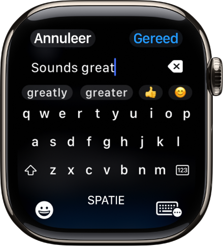 Het tekstveldscherm met een bericht dat wordt geschreven met het schermtoetsenbord. Onderaan staan de knoppen voor emoji's en het schermtoetsenbord.