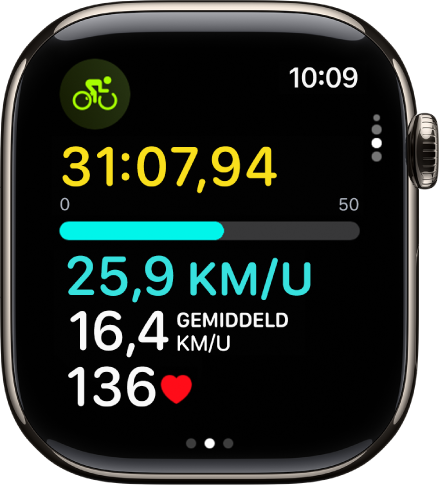 Een fietswork‑out met de verstreken tijd, de snelheid, de gemiddelde snelheid en de hartslag.