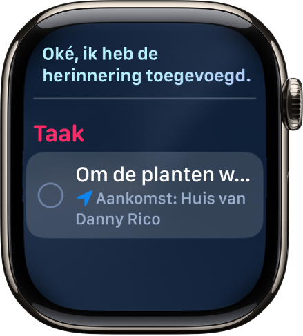 Het Siri-scherm met een herinnering die is toegevoegd aan een takenlijst.