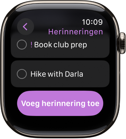 De Herinneringen-app met twee herinneringen. De herinneringen staan boven in het scherm, met daaronder de knop 'Voeg herinnering toe'.