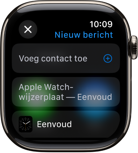 Het Apple Watch-scherm met een wijzerplaat en een bericht, met bovenin de naam van de ontvanger. Daaronder staan de knop 'Voeg contact toe' en de naam van de wijzerplaat.