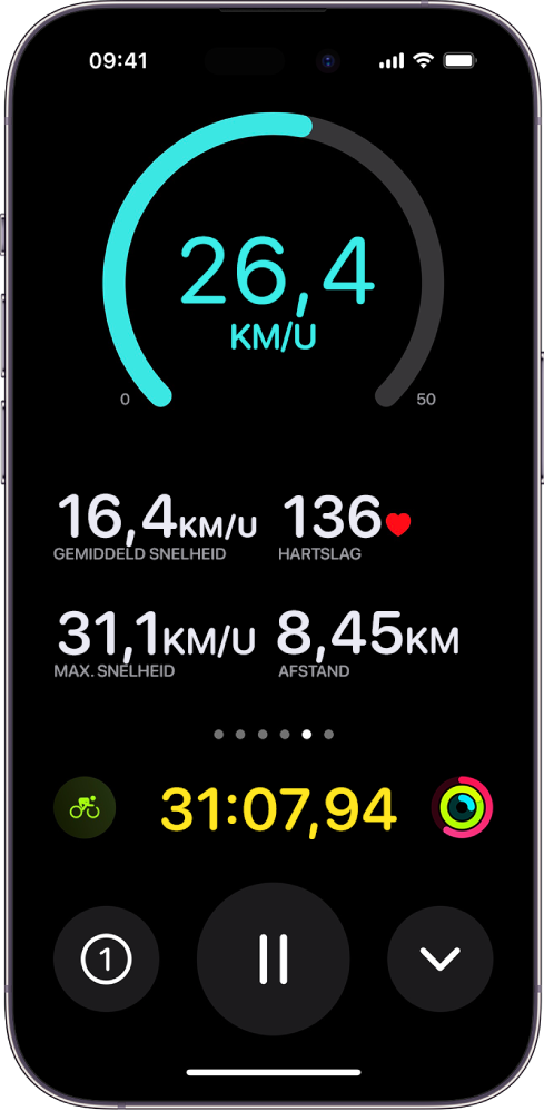 Een fietswork‑out weergegeven als live activiteit op de iPhone met de snelheid, de gemiddelde snelheid, de hartslag, de maximumsnelheid, de afgelegde afstand en de totale verstreken tijd.