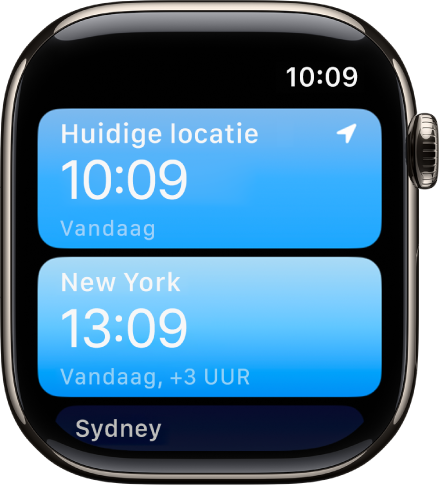 De Wereldklok-app, met een lijst met plaatsen.
