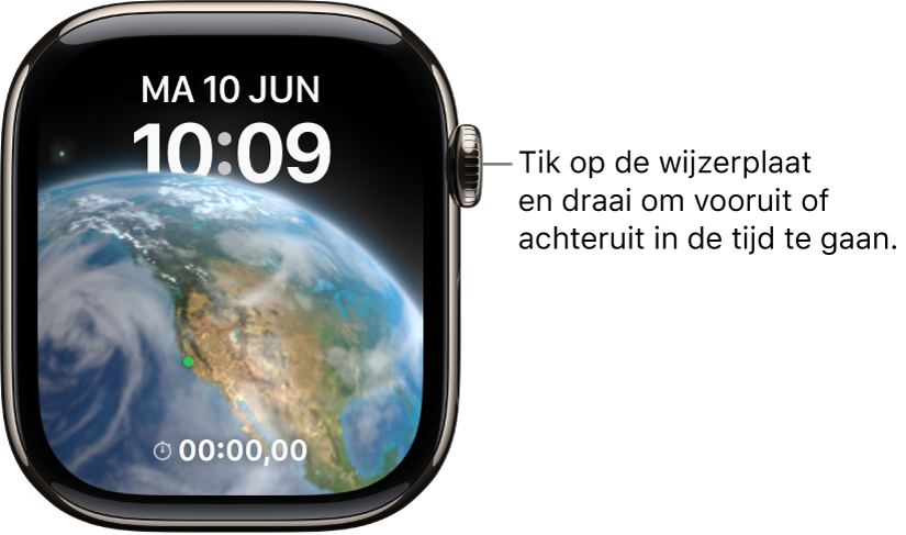 De wijzerplaat Astronomie toont de dag, de datum en de actuele tijd. Onderin bevindt zich een complicatie Timer. Tik op de wijzerplaat en draai de Digital Crown om vooruit of achteruit in de tijd te gaan.