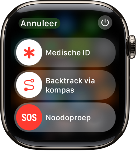 Het scherm voor hulpdiensten. Bovenin staat de schuifknop 'Medische ID', in het midden de schuifknop 'Backtrack via kompas' en onderin de schuifknop 'Noodoproep'.