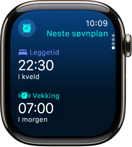 Søvn-appen på Apple Watch som viser kveldens søvnplan. Leggetid vises øverst, og Vekking-tiden vises nedenfor.