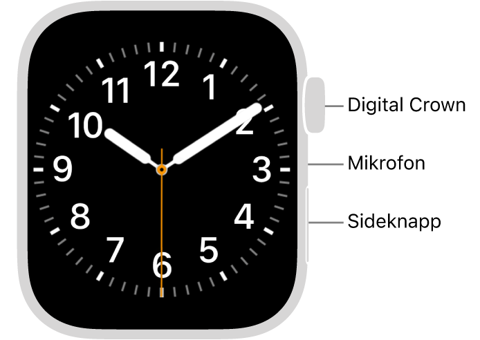 Forsiden av Apple Watch Series 9, der skjermen viser urskiven, og Digital Crown, mikrofonen og sideknappen fra øverst til nederst på siden av klokken.
