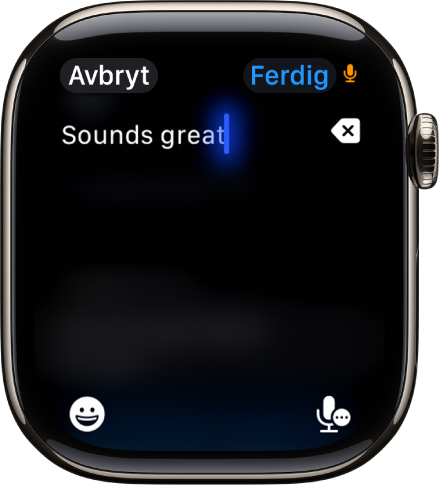 Tekstfelt-skjermen viser en melding opprettet med diktering. Emoji- og Diktering-knappene vises nederst på skjermen.