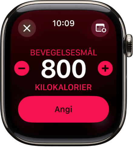 Endre mål-skjermen viser knapper for å øke eller redusere Bevegelsesmål.