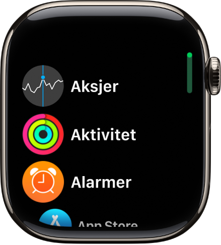 Hjem-skjermen i listevisning, med apper i alfabetisk rekkefølge.