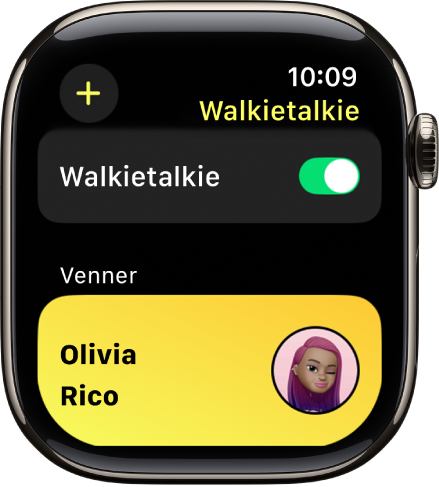 Walkietalkie-skjermen som viser walkietalkie-bryteren øverst, og en venn nederst.