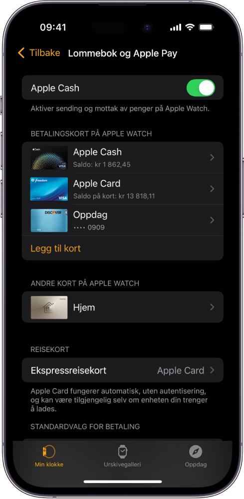 En iPhone-skjerm som viser Lommebok og Apple Pay-innstillingene i Apple Watch-appen.