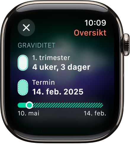 En skjerm i Syklus-appen, som viser en oppsummering av en graviditet, med forsterstadium og termin midt på skjermen.
