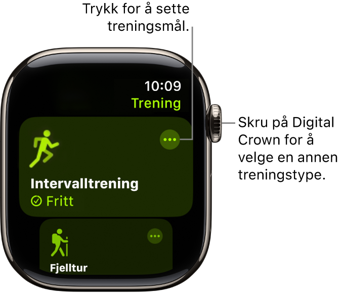 Trening-skjermen, med treningsøkten Intervalltrening markert. En Mer-knapp vises øverst til høyre for treningsøkt-ruten.