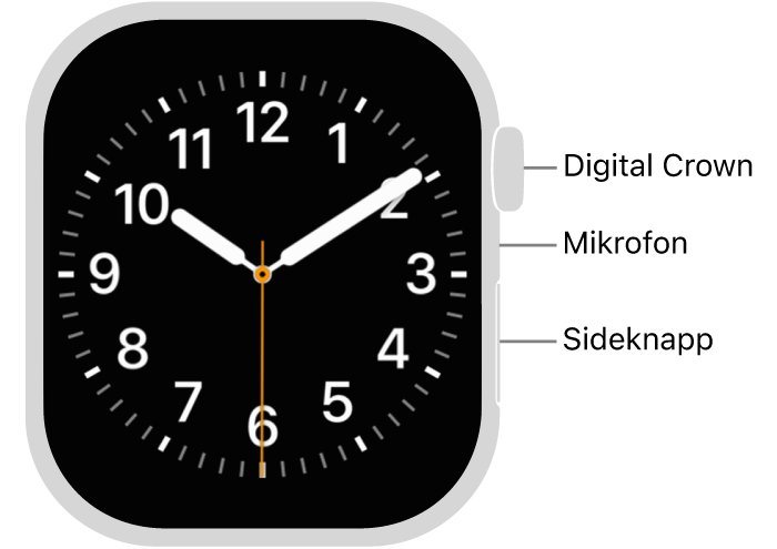 Forsiden av Apple Watch Series 10, der skjermen viser urskiven, og Digital Crown, mikrofonen og sideknappen fra øverst til nederst på siden av klokken.