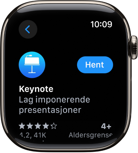 En App Store-skjerm som viser produktsiden for en app, med en kort beskrivelse av appen, vurderinger og Hent-knappen til høyre.