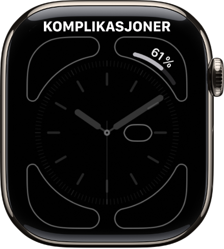Skjermen for å tilpasse urskiven. Batteriprosentkomplikasjonen vises øverst til høyre.