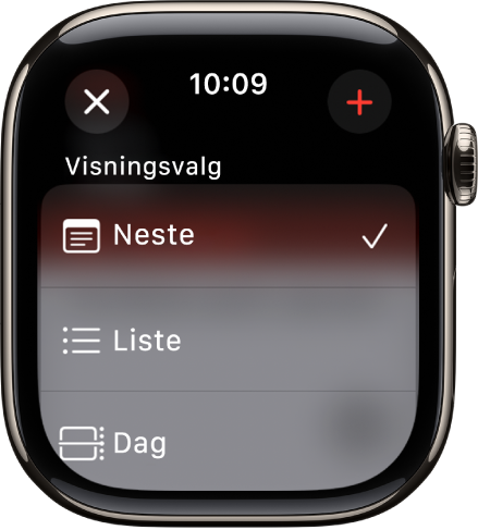 Kalender-skjerm som viser visningsvalg – Neste, Liste og Dag. Legg til-knappen vises øverst til høyre.