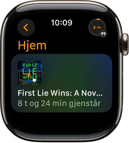 En Lydbøker-skjerm som viser boken som spilles av, med tittel og gjenværende tid. Spilles nå-knappen er øverst til høyre.