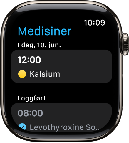 Medisiner-appen som viser planlagte og loggførte medisiner.