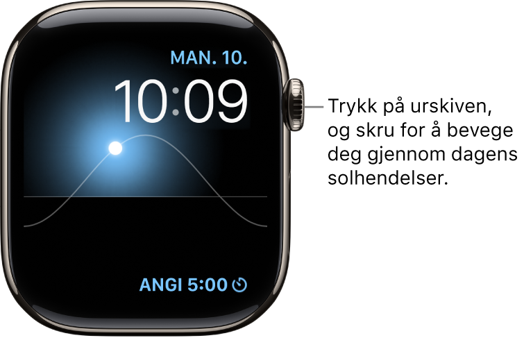 Solargraf-urskiven viser dag, dato og gjeldende klokkeslett, som du ikke kan endre. En Tidtaker-komplikasjon vises nederst til høyre. Trykk på urskiven, og skru deretter på Digital Crown for å flytte solen på himmelen til skumring, daggry, senit, solnedgang og mørke.