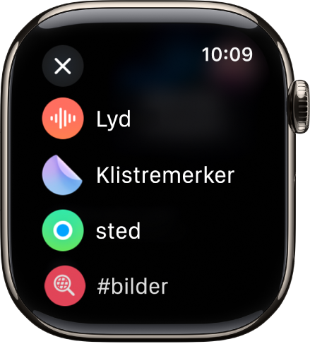 En Meldinger-skjerm som viser valg for vedlegg, for eksempel lyd, klistremerker, posisjon og bilder.