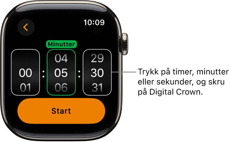 Innstillinger for en tilpasset nedtelling, med timer til venstre, minutter i midten og sekunder til høyre. Startknappen er under.